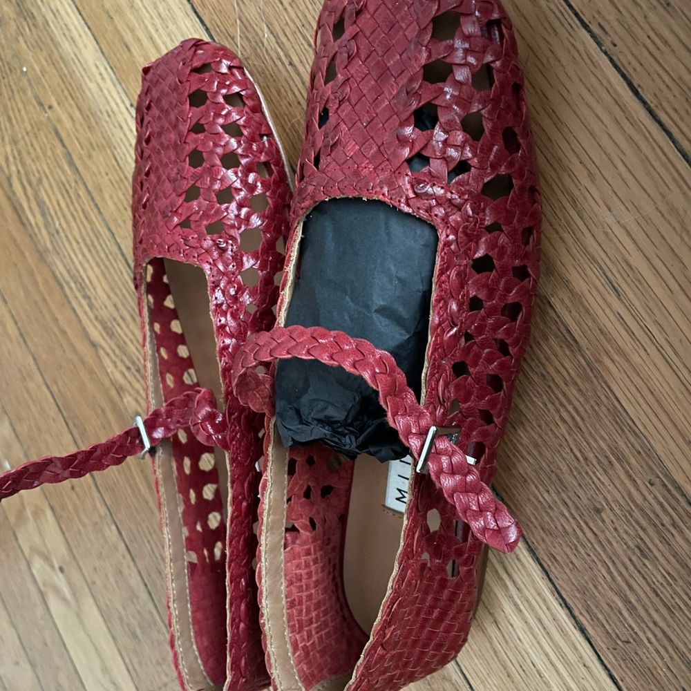 Miista Red Braided Leather Mary Jane Flats